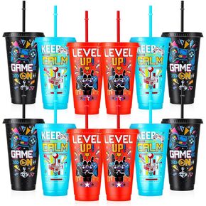 12 Pcs Gamer Party Cups with Lids and Straws Video Game Tumbler 24 oz Plastic Drinking Cups for Gaming Party Favors