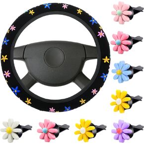 Cute Flower Car Accessories Set for Women Girls Embroidery Floral Steering Wheel Cover for Universal Fit 14.5-15 Inch with 8 Pcs Colorful Daisy Car Air Vent Clips Automotive Car Interior Decorations