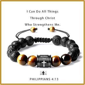 Mens Beaded Bracelets 10mm Natural Lava Rock Stone Black Onyx and Tiger Eyes, Bible Verse Cross Bracelets for Men Christmas Birthday Religious Gifts for Men Father Boyfriend Husband