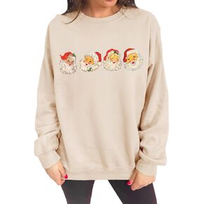 IZYJOY المرأة عيد الميلاد سانتا البلوز ريترو سانتا كلوز البلوز المتضخم بلوزة Crewneck كم طويل عيد الميلاد عطلة البلوزات