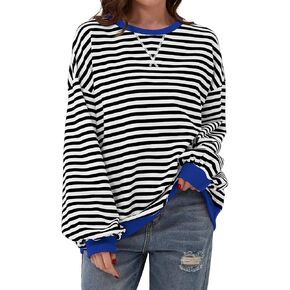 Women Striped Color Block Oversized Sweatshirt Long Sleeve Shirt Crewneck 2024 Fall Pullover Preppy Clothes