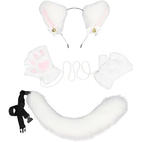Cat Cosplay Costume,Cat Wolf Fox Ears and Tail Set with Bell,Faux Fur Wolf Ears Headband,Animal Ears Headband Therian Fox Tail for Women and Halloween Costume Accessories Parties Gift