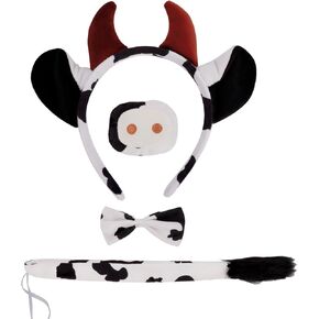 Cow Costume Accessory Set Cow Ears Headband Cow Nose Tails and Bow Ties 4Pcs a Set for Festival, Cosplay, Halloween, Party