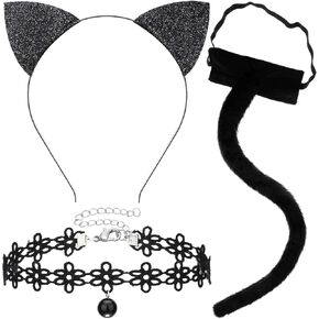 3 Pieces Black Cat Costume Set Glitter Cat Ears Headband, Cat Tail, Lace Choker Necklace for Women Girls Halloween Cosplay Accessory
