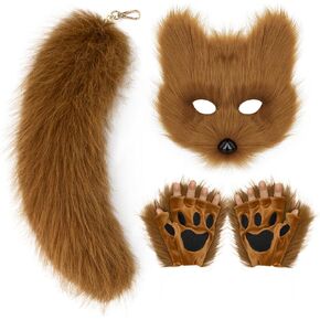 Cat Fox Mask Tail and Paws Gloves Set Furry Animal Therian Kit Masquerade Halloween Cosplay Costume Accessory