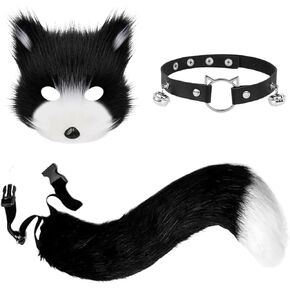 Faux Fur Fox Mask Wolf Cat Fluffy Tail and Leather Necklace Set Halloween Party Cosplay Costume Halloween Party Wolf Mask and Leather Necklace