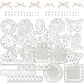 4 Packs Vintage White Flower Butterfly Sticker Decorative Sticker of Lace Trim Scrapbooking Washi Paper Sticker Aesthetic Foam Sticker with Bowknot Sticky Pearl for Junk Journal Diary Planner (Mist)