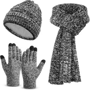 Winter Clothes Set with Beanie Hat Touchscreen Gloves Long Neck Scarf, Christmas Gifts for Adult Women Stocking Stuffers - BLACK