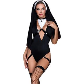 Women's Adult Sexy Nun Costume Halloween Cosplay Sister Uniform Lingerie Sets (Large), Black