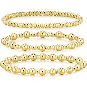 Gold Bracelets for Women,14K Gold Plated Beaded Bracelet Set - 3pacs Stackable Gold Bracelets for Women, Jewelry Gifts for Women