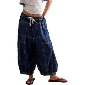 Kedera Women's Baggy Wide Leg Barrel Jeans Low Rise Elastic Tapered Jeans Loose Boyfriend Denim Pants with Drawstring