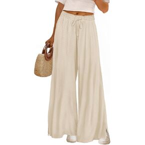 YESNO Women's Wide Leg Pants Fall Elastic High Waist Casual Loose Palazzo Trousers with Pockets and Side Split PW0