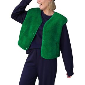 Women's Fuzzy Fleece Vest Cropped Casual Button Down Sleeveless Sherpa Jackets Teddy Gilet Outerwear