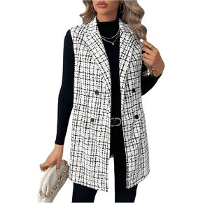 MakeMeChic Women's Plaid Sleeveless Blazer Vest Lapel Open Front Button Work Office Cardigan Jacket