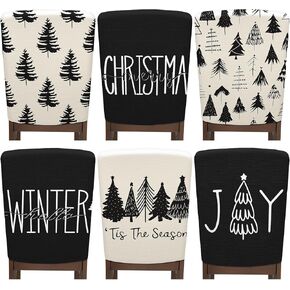 Moukeren 6 Pcs Minimalist Christmas Chair Back Cover Neutral Christmas Decor Black White Christmas Pine Trees Modern Rustic Linen Merry Christmas Chair Back Covers for Kitchen Holiday Party Decor