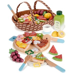 Wooden Pizza Toy, Pretend Play Toys for Kids, Wooden Play Food for Toddlers 1-3, Picnic Pretend Food, Cutting Food Toys, Gift for Girls Boys 3 4 5 6