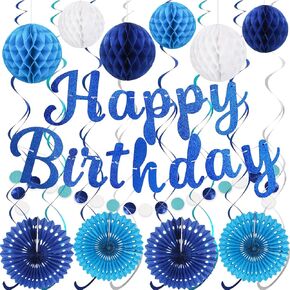 Happy Birthday Party Decorations Pack with Rainbow Happy Birthday Banner, Honeycomb Balls, Circle Dot Garland, Paper Bunting Banner, Paper Fans and Hanging Swirls Streamers