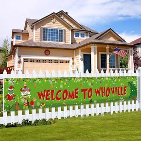 Large Christmas Banner 120" x 20" Grinch Welcome to Whoville Merry Christmas Decorations Party Supplies Hanging Welcome Banner for Indoor Outdoor Garden, Lawn, Balcony Home Decorations