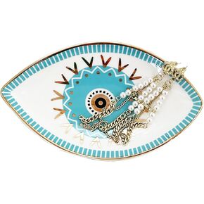 Evil Eye Ceramic Tray - Gold-Trimmed Jewelry Dish, Boho Chic Vanity Decor, Decorative Ring Holder, Aesthetic Perfume Catchall, 5.9" x 3.5" (C)