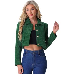Allegra K Button Blazer for Women's Short Suit Collared Crop Tweed Jacket