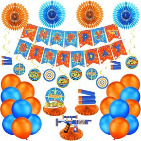 30 Pieces Dart Happy Birthday Supplies Gun Decoration Banner Latex Balloons Paper Fans Honeycomb Centerpieces 3D Dart Table Decorations Hanging Swirls for Birthday Party