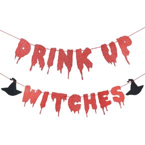 Red Glitter Drink Up Witches Banner, Halloween Witch Banner Witches Halloween Party Banner for Witch Party Decorations Halloween Haunted Mansion Party Decorations