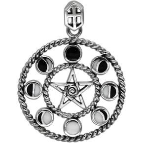 Moon Phase Pendant - Sterling Silver Moon Pentacle Pentagram Jewelry - 1 Inch Diameter