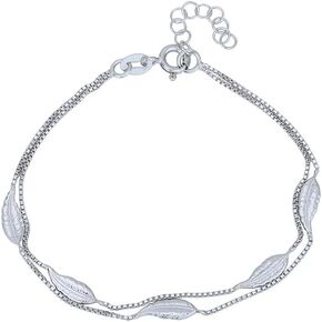 Vanbelle Sterling Silver Jewelry - Rhodium Plated with 925 Stamp - Designer Leaf Anklet - Elegant handcrafted Double layered Chain Bracelet for Women - 6.5" long + 1" extender