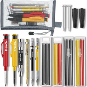 Enhon 15Pack Carpenter Pencil Set with Sharpener, Mechanical Carpenter Pencils with 36 Refill, 45 mm Deep Hole Woodworking Pencils, Center Punch, Carbide Scribe Tool, Heavy Duty Mechanical Pencil