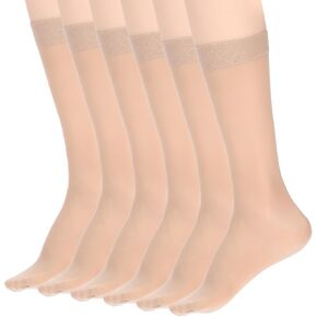 6 Pairs Nude Stocking Socks Women Tight Sheer Knee High Stockings with Reinforced Toes High Elasticity Knee High Nylons for Women One Size