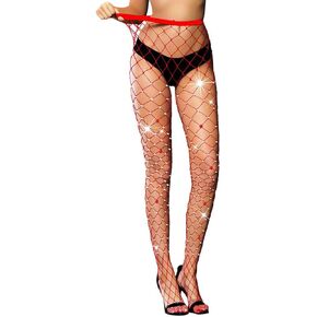 Yokawe Women Fishnet Stockings Sparkly Rhinestone High Waist Tights Sexy Mesh Thigh High Stocking Pantyhose (Red)