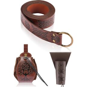 3 Pcs Medieval Belt, Viking Knight Belt of Renaissance, Halloween Sword Frog Leather Belt Pouch Medieval Bag Renaissance Accessories Brown