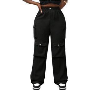 OYOANGLE Women's Cargo Pants Elastic High Waisted Straight Leg Long Trousers with Pocket