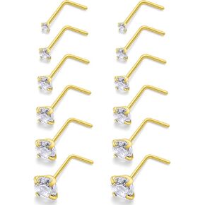 14k Real Gold Plated 20/18G L Shape Nose Rings Studs 1.5-4mm Diamond Piercings Jewelry for Women Men Surgical Steel Tiny Small Big Nostril Aretes Para La Nariz Hypoallergenic