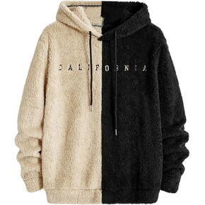 Verdusa Men's Color Block Letter Embroidery Fuzzy Hoodie Long Sleeve Fleece Sweatshirts