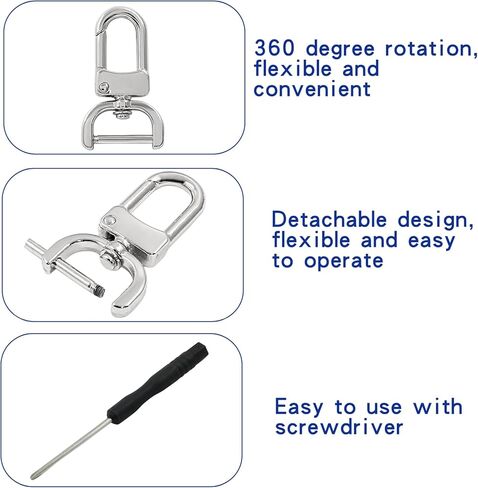 BokWin 8 قطع مشبك دوار خطاف 3/4 بوصة دوار كوبستر مخلب مشبك D حلقة خطاف غلق قابل للفصل مع مفك براغي لحقيبة المحفظة الجلدية (فضي) in Kuwait