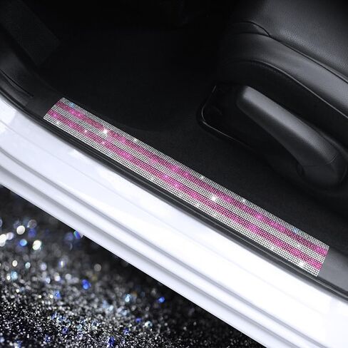Bling Car Door Sill Protector with Sparkling Rhinestones - Luster Crystal Sticker Decoration Door Entry Guard Accessories Car Interior Decor Accessories White & Pink 2 Pcs in Kuwait