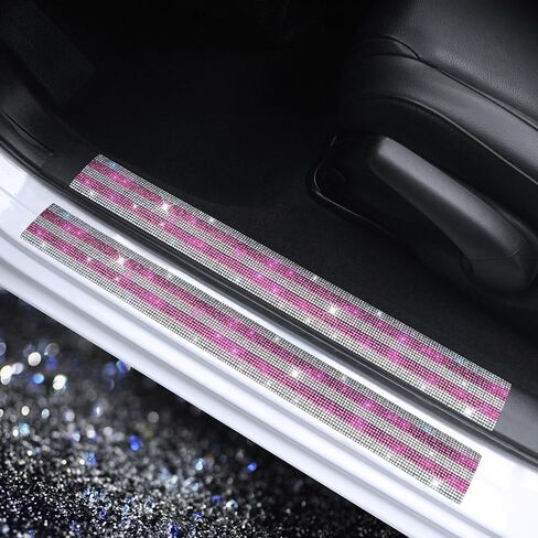 Bling Car Door Sill Protector with Sparkling Rhinestones - Luster Crystal Sticker Decoration Door Entry Guard Accessories Car Interior Decor Accessories White & Pink 2 Pcs in Kuwait