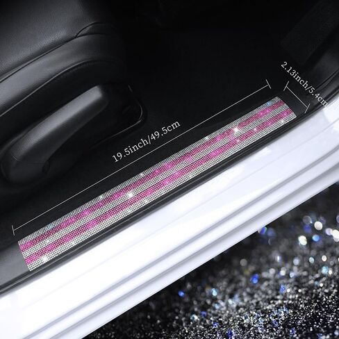 Bling Car Door Sill Protector with Sparkling Rhinestones - Luster Crystal Sticker Decoration Door Entry Guard Accessories Car Interior Decor Accessories White & Pink 2 Pcs in Kuwait