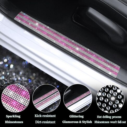 Bling Car Door Sill Protector with Sparkling Rhinestones - Luster Crystal Sticker Decoration Door Entry Guard Accessories Car Interior Decor Accessories White & Pink 2 Pcs in Kuwait