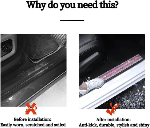 Bling Car Door Sill Protector with Sparkling Rhinestones - Luster Crystal Sticker Decoration Door Entry Guard Accessories Car Interior Decor Accessories White & Pink 2 Pcs in Kuwait