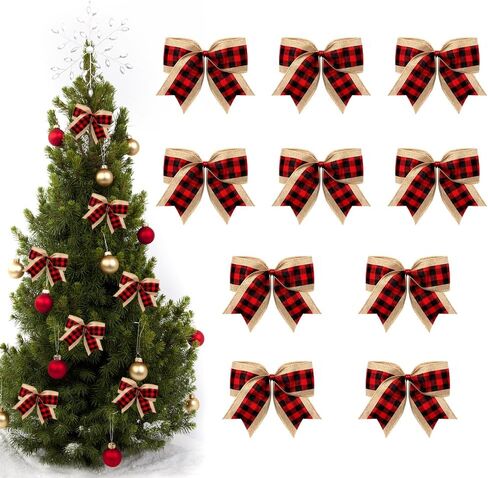 Threetols 10PCS Christmas Wreath Bows, Red Black Buffalo Plaid Bows for Wreath Farmhouse Bows for Front Door Winter Red Bows Christmas Tree Bows for New Year Indoor Outdoor Xmas Decorations in Saudi Arabia