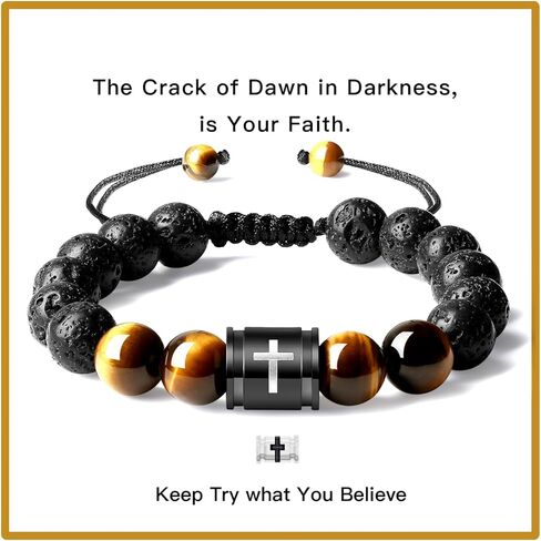Mens Beaded Bracelets 10mm Natural Lava Rock Stone Black Onyx and Tiger Eyes, Bible Verse Cross Bracelets for Men Christmas Birthday Religious Gifts for Men Father Boyfriend Husband in Kuwait
