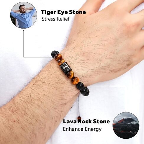 Mens Beaded Bracelets 10mm Natural Lava Rock Stone Black Onyx and Tiger Eyes, Bible Verse Cross Bracelets for Men Christmas Birthday Religious Gifts for Men Father Boyfriend Husband in Kuwait