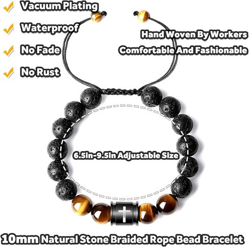 Mens Beaded Bracelets 10mm Natural Lava Rock Stone Black Onyx and Tiger Eyes, Bible Verse Cross Bracelets for Men Christmas Birthday Religious Gifts for Men Father Boyfriend Husband in Kuwait