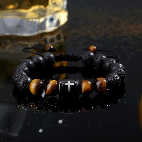 Mens Beaded Bracelets 10mm Natural Lava Rock Stone Black Onyx and Tiger Eyes, Bible Verse Cross Bracelets for Men Christmas Birthday Religious Gifts for Men Father Boyfriend Husband in Kuwait