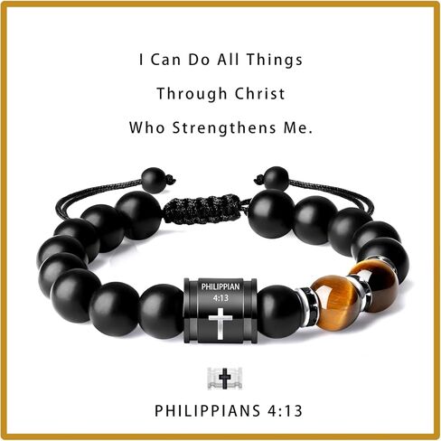 Mens Beaded Bracelets 10mm Natural Lava Rock Stone Black Onyx and Tiger Eyes, Bible Verse Cross Bracelets for Men Christmas Birthday Religious Gifts for Men Father Boyfriend Husband in Kuwait