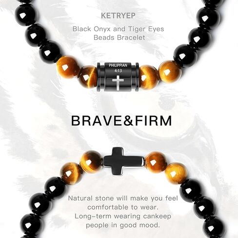 Mens Beaded Bracelets 10mm Natural Lava Rock Stone Black Onyx and Tiger Eyes, Bible Verse Cross Bracelets for Men Christmas Birthday Religious Gifts for Men Father Boyfriend Husband in Kuwait
