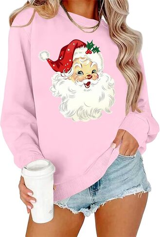 VVNTY Christmas Sweatshirts for Women Retro Santa Claus Graphic Long Sleeve Shirt Xmas Pullover Tops in Saudi Arabia