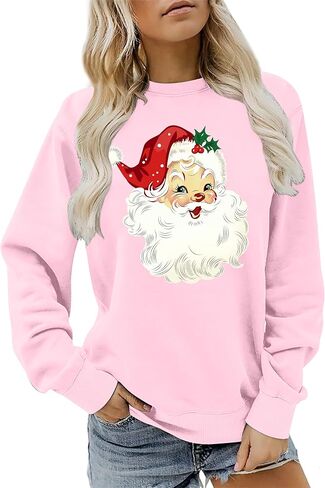 VVNTY Christmas Sweatshirts for Women Retro Santa Claus Graphic Long Sleeve Shirt Xmas Pullover Tops in Saudi Arabia